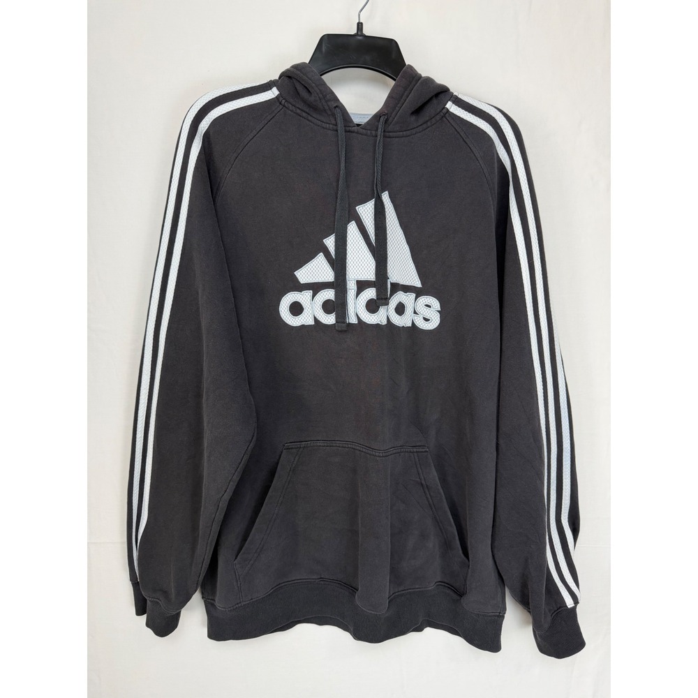 Adidas Mens Cotton Hoodie Large Black 3 Stripe Logo Pullover Sweatshirt